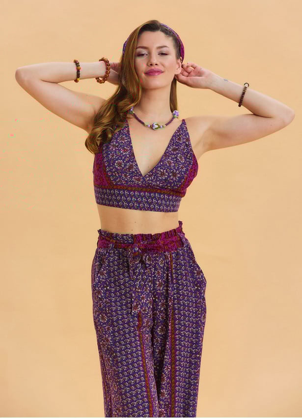 Lace Up Open Back Adjustable Purple Floral Blouse 4648